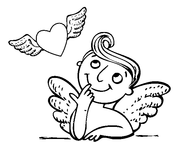 Disegno di Cupido e cuori con le ali da Colorare