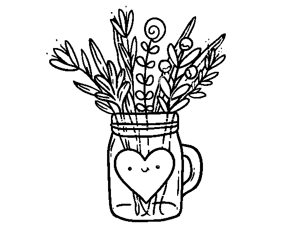 Disegno di Pot con i fiori selvatici e un cuore da Colorare