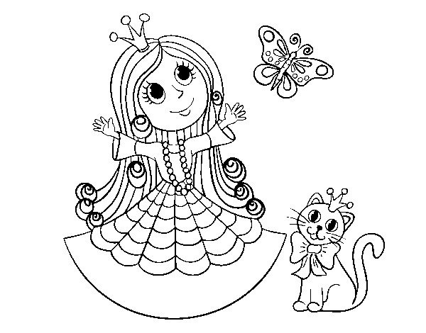 Disegno di Principessa con il gatto e la farfalla da Colorare