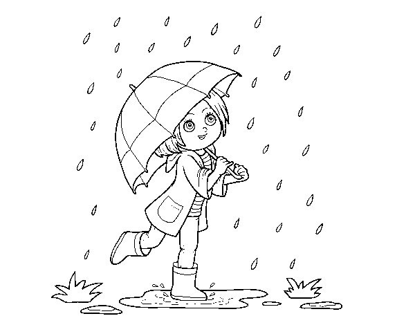 Disegno di Ragazza con l'ombrello sotto la pioggia da Colorare