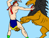Disegno Gladiatore contro un leone pitturato su eli e  bru