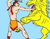 Disegno Gladiatore contro un leone pitturato su gianni