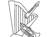 Disegno Arpa, flauto e tromba  pitturato su chiave violiarpano