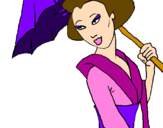 Disegno Geisha con parasole pitturato su lilly