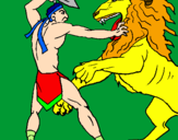 Disegno Gladiatore contro un leone pitturato su chiara