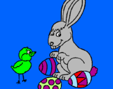 Disegno Pulcino, coniglietto e uova  pitturato su gloria