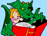 Disegno Drago, ragazza e libro pitturato su vv