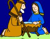 Disegno Adorano Gesù Bambino  pitturato su matina
