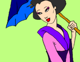 Disegno Geisha con parasole pitturato su marghe