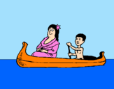 Disegno Madre e figlio in canoa  pitturato su Riccardo