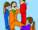 Disegno Papà con i suoi 3 figli  pitturato su sara