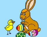 Disegno Pulcino, coniglietto e uova  pitturato su enrica