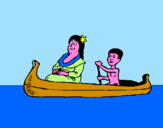 Disegno Madre e figlio in canoa  pitturato su sandy