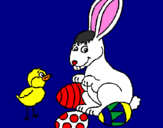 Disegno Pulcino, coniglietto e uova  pitturato su raffaele
