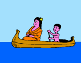 Disegno Madre e figlio in canoa  pitturato su Andrea Vannu