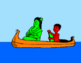 Disegno Madre e figlio in canoa  pitturato su giuli