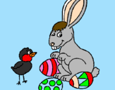 Disegno Pulcino, coniglietto e uova  pitturato su elena