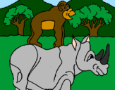 Disegno Rinoceronte e scimmietta  pitturato su kiara