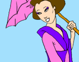Disegno Geisha con parasole pitturato su raffa