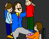Disegno Papà con i suoi 3 figli  pitturato su martina
