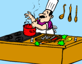 Disegno Cuoco in cucina  pitturato su sunil