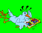 Disegno La cicogna gioca con vari passatempi  pitturato su daria