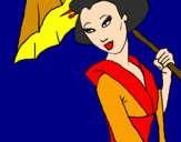 Disegno Geisha con parasole pitturato su Rosy