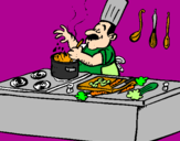 Disegno Cuoco in cucina  pitturato su Pietro