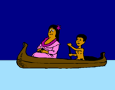 Disegno Madre e figlio in canoa  pitturato su martina