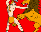 Disegno Gladiatore contro un leone pitturato su ZANNA BLU