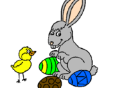 Disegno Pulcino, coniglietto e uova  pitturato su CHIARA