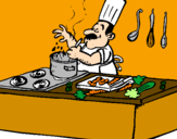 Disegno Cuoco in cucina  pitturato su elida