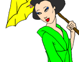 Disegno Geisha con parasole pitturato su caterina