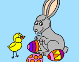 Disegno Pulcino, coniglietto e uova  pitturato su vittoria