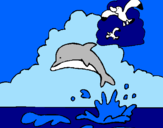 Disegno Delfino e gabbiano  pitturato su diana