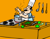Disegno Cuoco in cucina  pitturato su laura