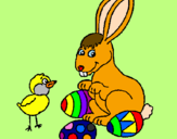 Disegno Pulcino, coniglietto e uova  pitturato su rosy