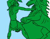 Disegno Gladiatore contro un leone pitturato su palma