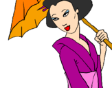 Disegno Geisha con parasole pitturato su sofia stentella
