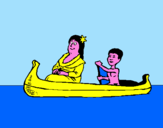 Disegno Madre e figlio in canoa  pitturato su michele