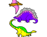 Disegno Tre specie di dinosauri  pitturato su fede