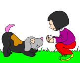 Disegno Bambina che gioca con il cagnolino  pitturato su LORENZA