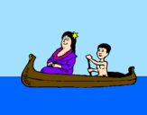 Disegno Madre e figlio in canoa  pitturato su giordano
