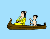 Disegno Madre e figlio in canoa  pitturato su un mare di colore