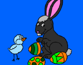 Disegno Pulcino, coniglietto e uova  pitturato su desireè