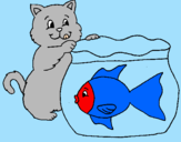 Disegno Gatto e pesce  pitturato su margarita