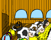 Disegno Mucche nella stalla  pitturato su anna