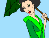 Disegno Geisha con parasole pitturato su super marta