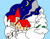 Disegno Villaggio natalizio  pitturato su sara