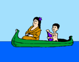 Disegno Madre e figlio in canoa  pitturato su miriana